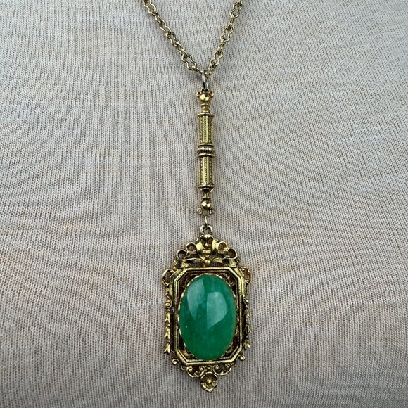 Vintage Victorian Style Drop Pendant Jadeite Bamboo Bow Flower 24" - Picture 2 of 5